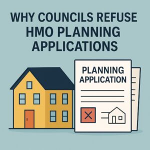 Illustration of house with planning documents for HMO application refusal blog.